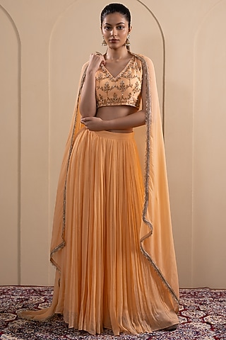 Peach Georgette Lehenga Set by Tanya Chopra