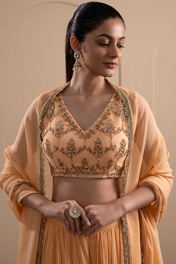 Peach Georgette Wedding Lehenga Set by Tanya Chopra at Pernia's Pop Up Shop