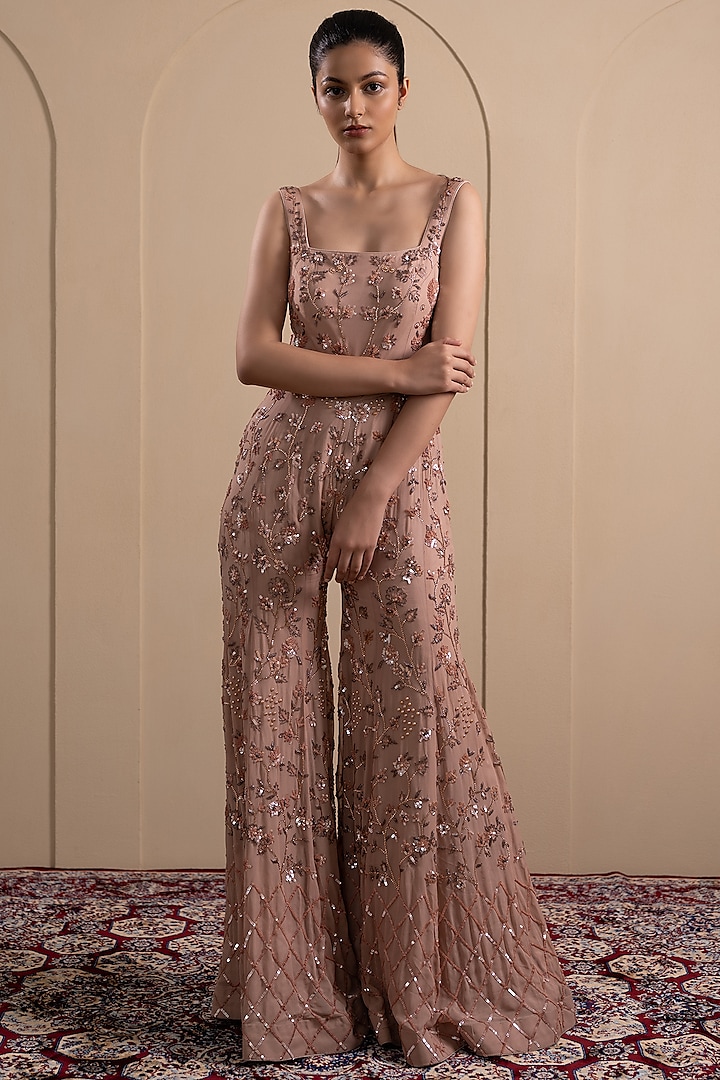 Dusty Pink Georgette Sequins & Cutdana Embroidered Jumpsuit by Tanya Chopra