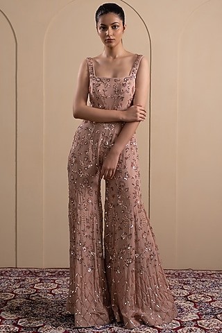 Dusty Pink Georgette Sequins & Cutdana Embroidered Jumpsuit by Tanya Chopra