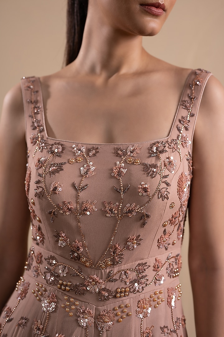 Dusty Pink Georgette Sequins & Cutdana Embroidered Jumpsuit by Tanya Chopra at Pernia's Pop Up Shop
