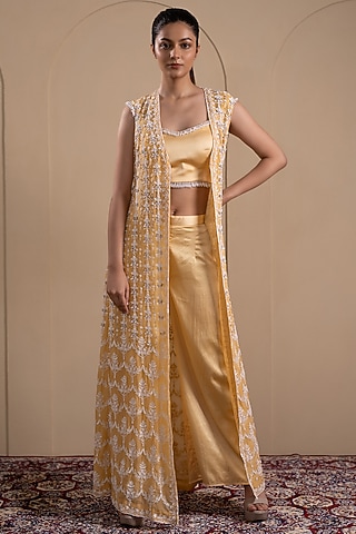 Pastel Yellow Organza Jacket Set by Tanya Chopra