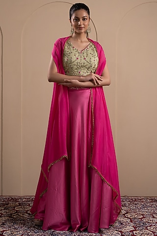 Fuchsia Pink Armani Satin Lehenga Set by Tanya Chopra