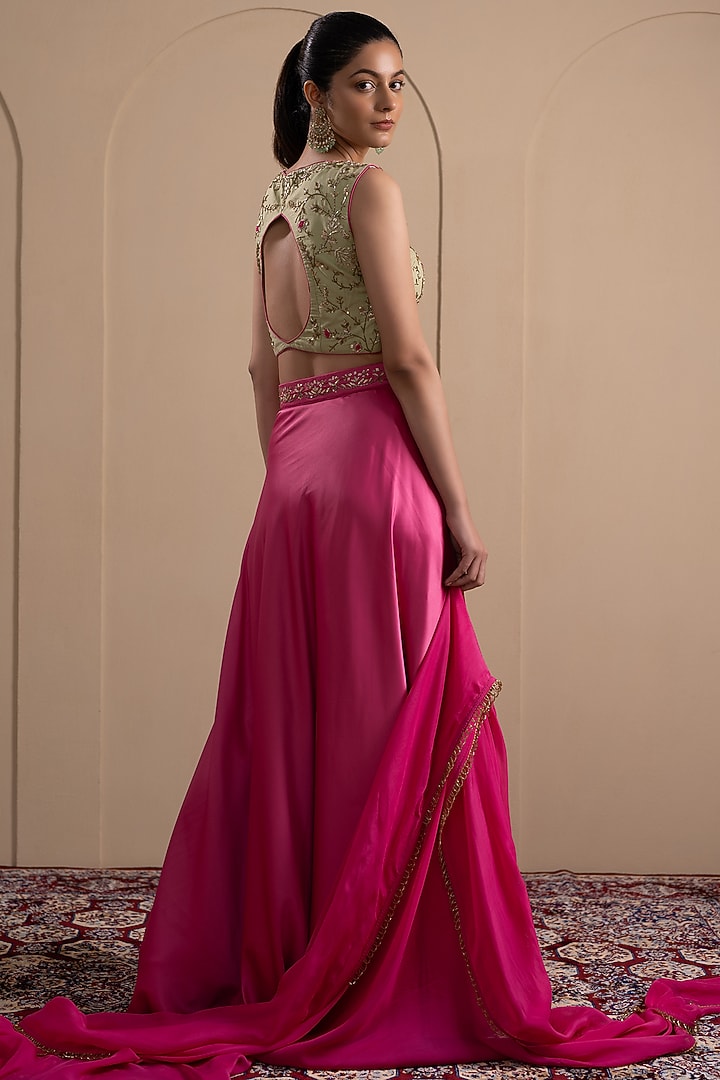 Fuchsia Pink Armani Satin Wedding Lehenga Set by Tanya Chopra at Pernia's Pop Up Shop