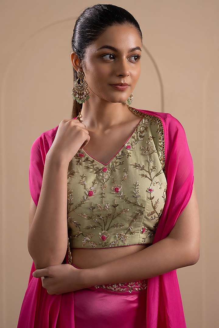 Fuchsia Pink Armani Satin Wedding Lehenga Set by Tanya Chopra at Pernia's Pop Up Shop
