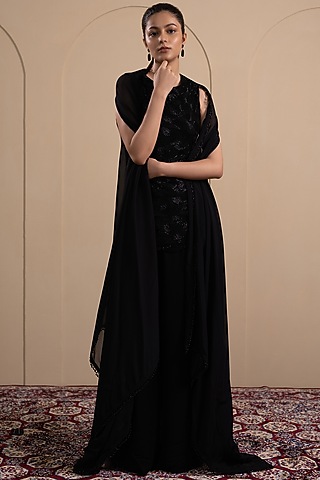 Black Georgette Cutdana Embroidered Kurta Set by Tanya Chopra