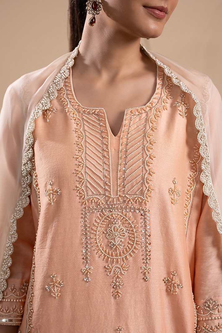 Peach Chanderi Silk Sequins & Beads Embroidered Kurta Set by Tanya Chopra at Pernia's Pop Up Shop
