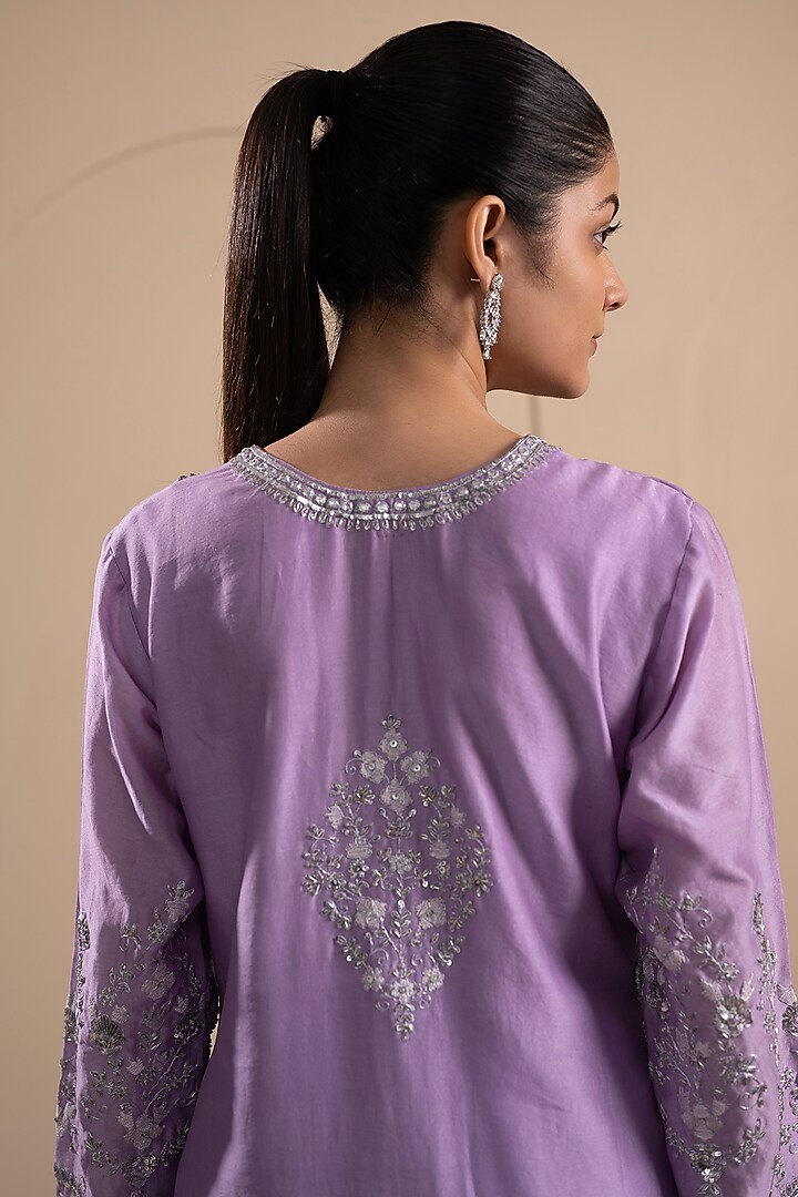 Lilac Chanderi Silk Zari & Sequins Embroidered Kurta Set by Tanya Chopra at Pernia's Pop Up Shop