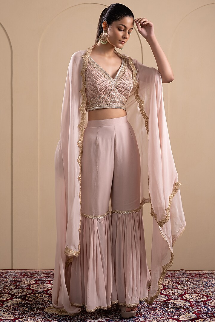 Blush Pink Georgette Wedding Sharara Set by Tanya Chopra at Pernia's Pop Up Shop