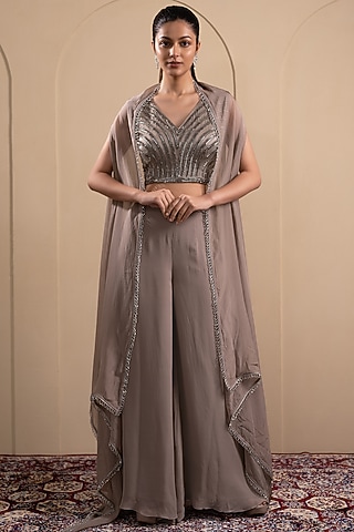 Grey Georgette Palazzo Pant Set by Tanya Chopra