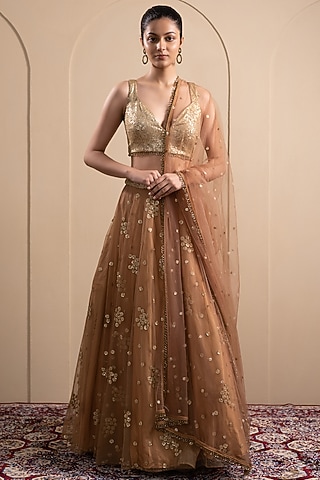 Bronze Soft Net Sequins Embroidered Lehenga Set by Tanya Chopra