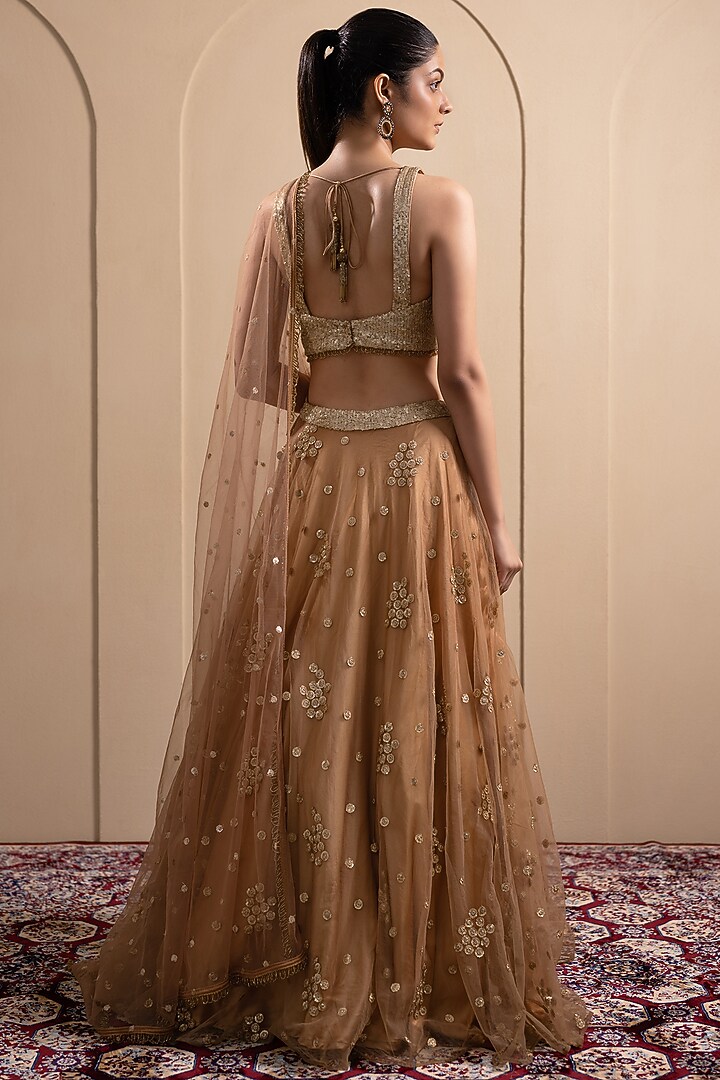 Bronze Soft Net Sequins Embroidered Wedding Lehenga Set by Tanya Chopra at Pernia's Pop Up Shop