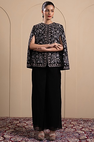 Black Cotton Thread & Sequins Embroidered Cape Set by Tanya Chopra