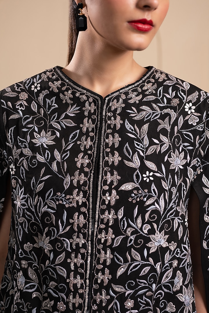 Black Cotton Thread & Sequins Embroidered Cape Set by Tanya Chopra at Pernia's Pop Up Shop