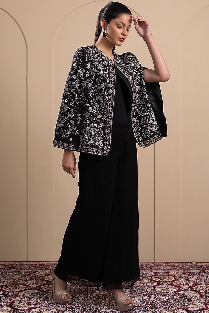 Black Cotton Thread & Sequins Embroidered Cape Set by Tanya Chopra at Pernia's Pop Up Shop