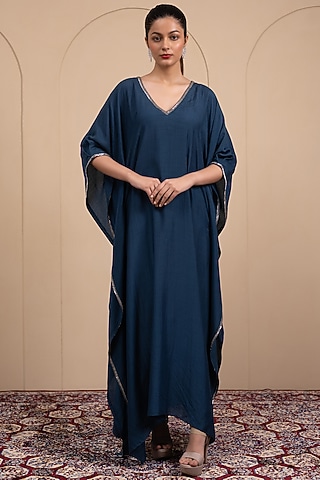 Blue Cotton Muslin Nalki Embroidered Kaftan by Tanya Chopra