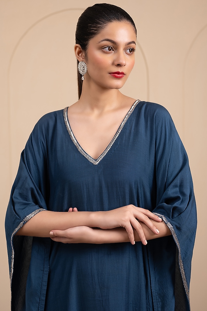 Blue Cotton Muslin Nalki Embroidered Kaftan by Tanya Chopra at Pernia's Pop Up Shop