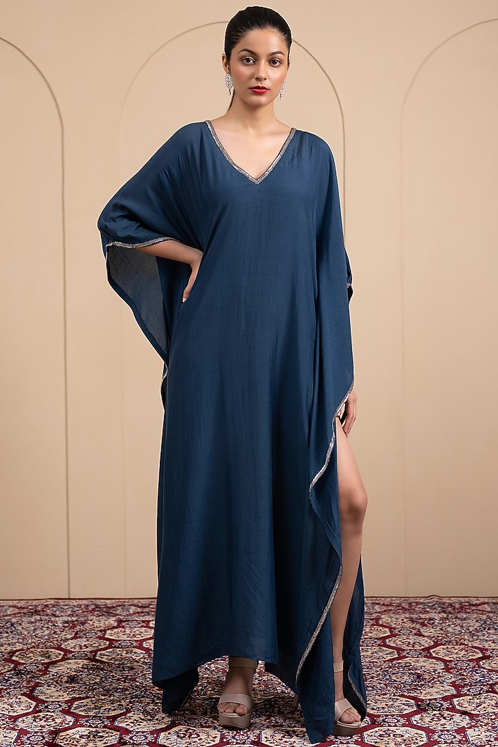 Blue Cotton Muslin Nalki Embroidered Kaftan by Tanya Chopra at Pernia's Pop Up Shop