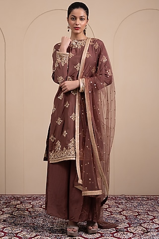 Bronze Flat Silk Zari & Sequins Embroidered Kurta Set by Tanya Chopra
