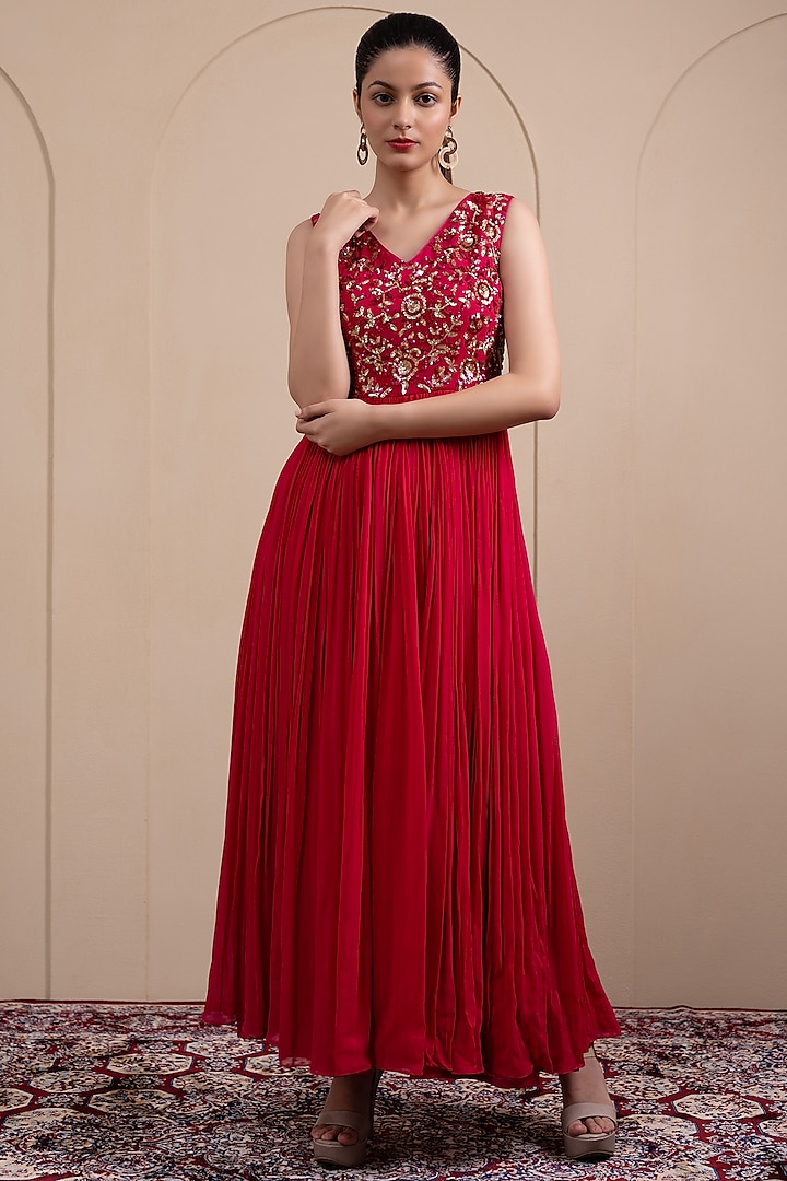 Pink Georgette Sequins Embroidered Gown by Tanya Chopra