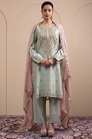Mint Green Chanderi Silk Zari & Sequins Embroidered Kurta Set by Tanya Chopra