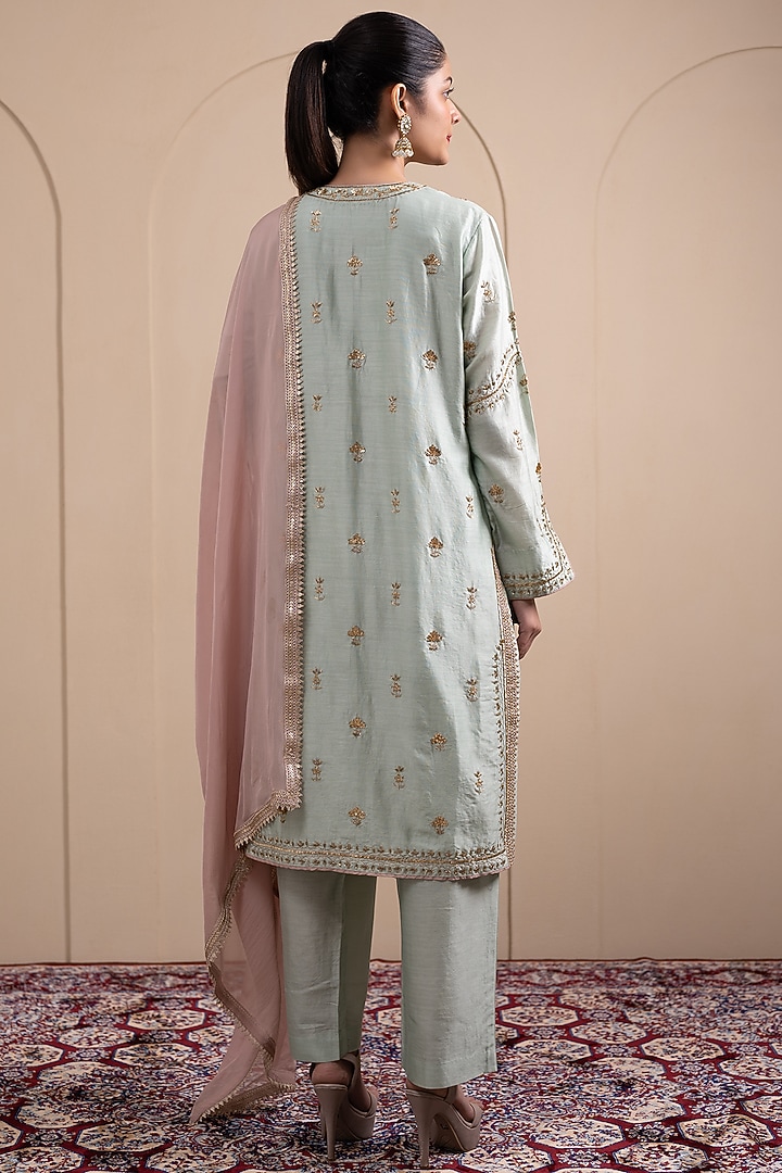 Mint Green Chanderi Silk Zari & Sequins Embroidered Kurta Set by Tanya Chopra at Pernia's Pop Up Shop