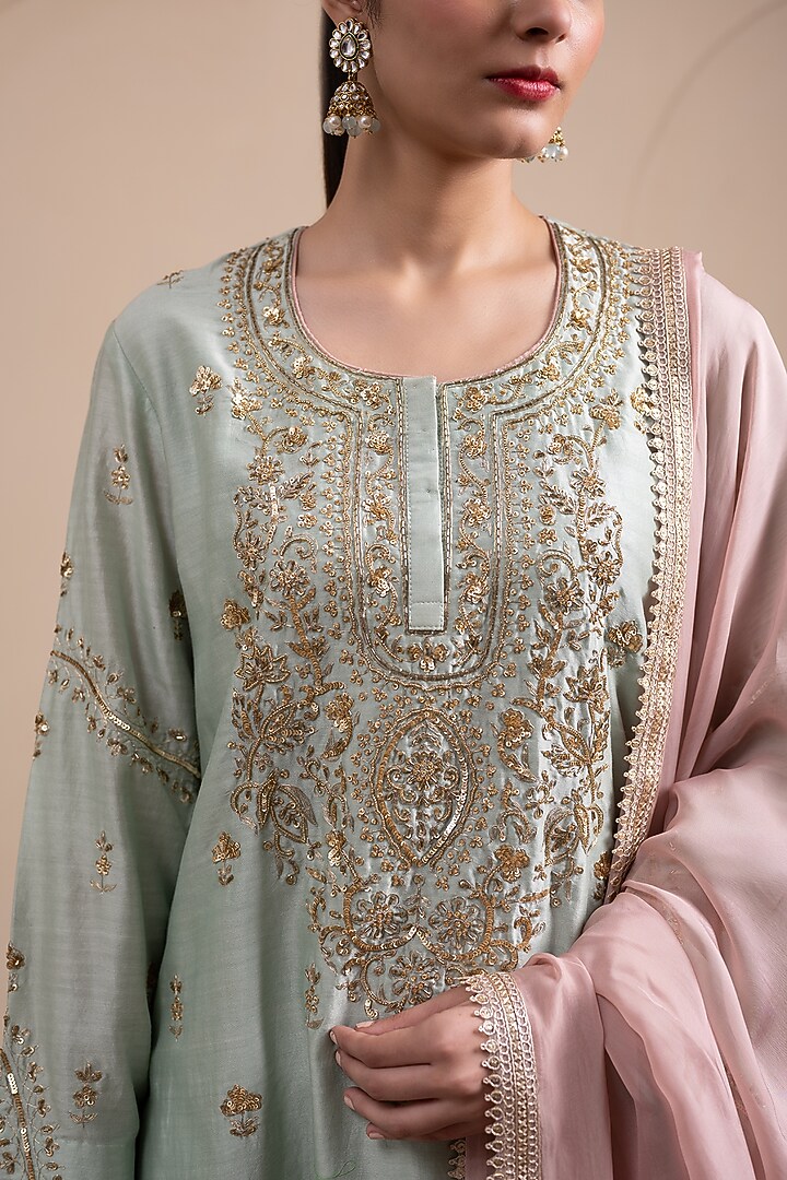 Mint Green Chanderi Silk Zari & Sequins Embroidered Kurta Set by Tanya Chopra at Pernia's Pop Up Shop