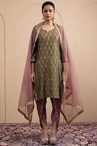 Olive Green Chanderi Silk Dhoti Set by Tanya Chopra