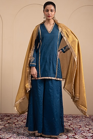 Cobalt Blue Crinkle Chanderi Embroidered Kurta Set by Tanya Chopra