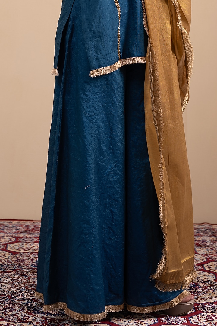 Cobalt Blue Crinkle Chanderi Embroidered Kurta Set by Tanya Chopra at Pernia's Pop Up Shop