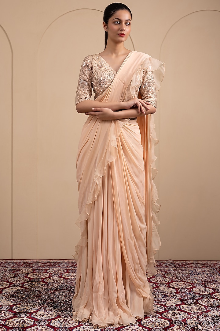 Blush Pink Georgette Pre-Stitched Gown Saree Set by Tanya Chopra