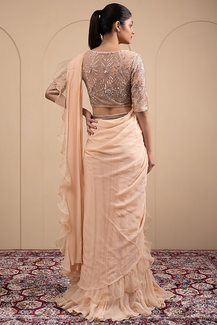Blush Pink Georgette Pre-Stitched Gown Wedding Saree Set by Tanya Chopra at Pernia's Pop Up Shop