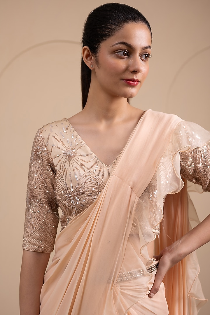 Blush Pink Georgette Pre-Stitched Gown Wedding Saree Set by Tanya Chopra at Pernia's Pop Up Shop