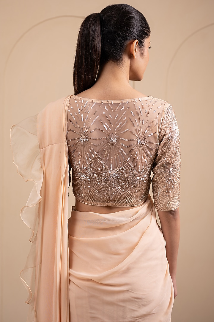 Blush Pink Georgette Pre-Stitched Gown Wedding Saree Set by Tanya Chopra at Pernia's Pop Up Shop