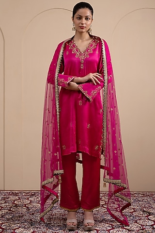 Fuchsia Pink Bamberg Satin Badla & Zari Embroidered Kurta Set by Tanya Chopra
