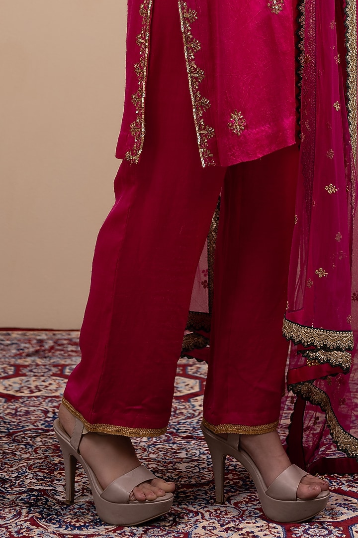Fuchsia Pink Bamberg Satin Badla & Zari Embroidered Kurta Set by Tanya Chopra at Pernia's Pop Up Shop