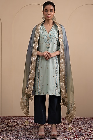 Powder Blue Silk Chanderi Thread & Beads Embroidered Kurta Set by Tanya Chopra