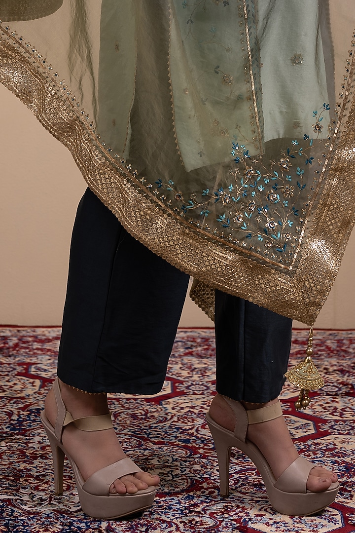 Powder Blue Silk Chanderi Thread & Beads Embroidered Kurta Set by Tanya Chopra at Pernia's Pop Up Shop