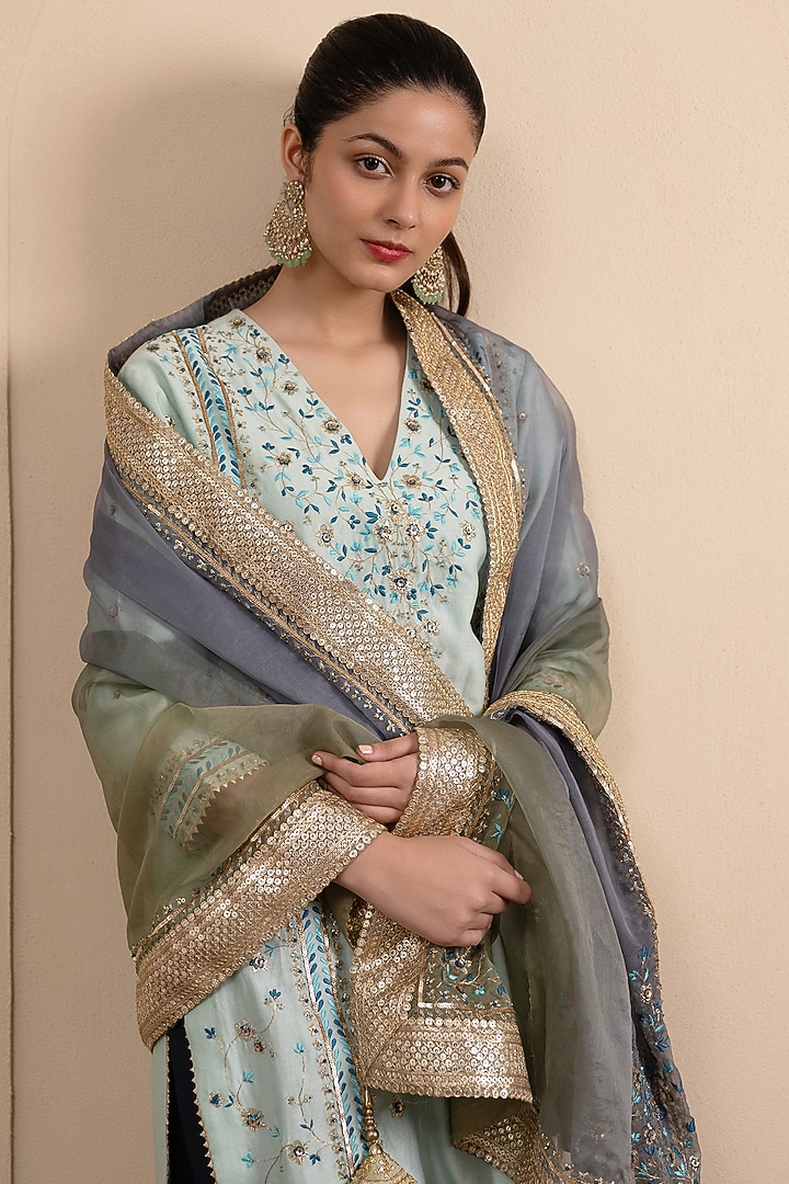 Powder Blue Silk Chanderi Thread & Beads Embroidered Kurta Set by Tanya Chopra at Pernia's Pop Up Shop