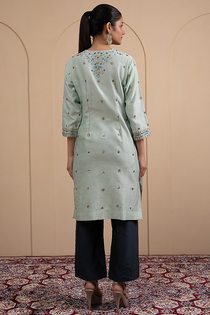 Powder Blue Silk Chanderi Thread & Beads Embroidered Kurta Set by Tanya Chopra at Pernia's Pop Up Shop