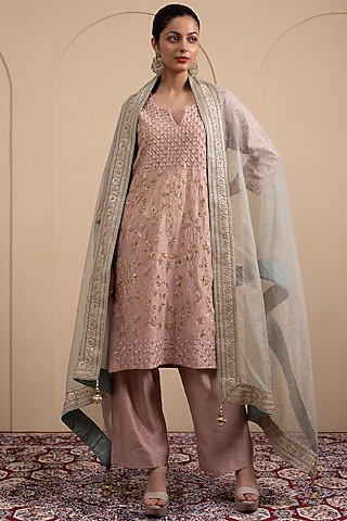 Blush Pink Silk Chanderi Zari & Badla Embroidered Kurta Set by Tanya Chopra
