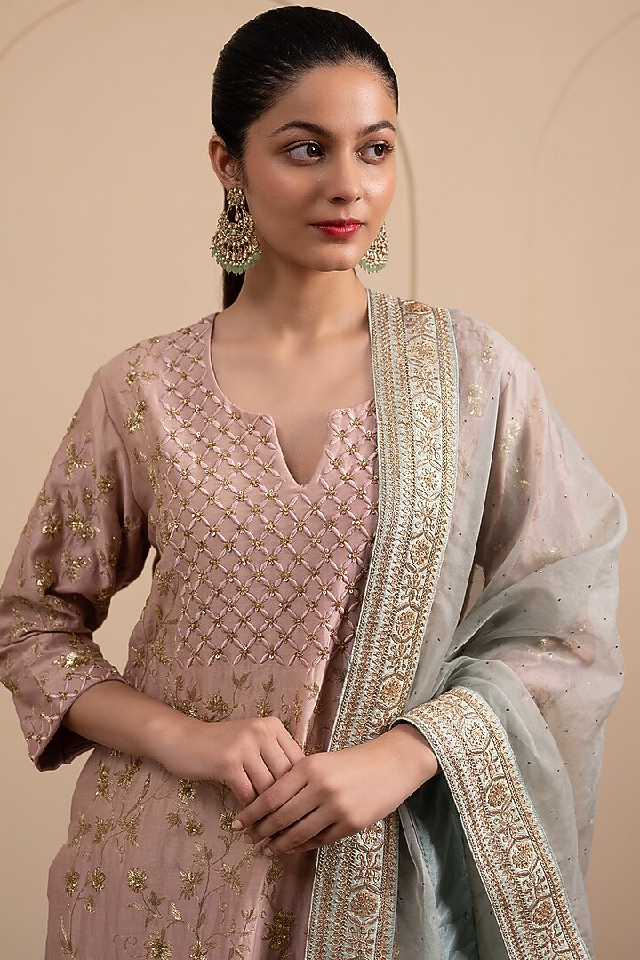 Blush Pink Silk Chanderi Zari & Badla Embroidered Kurta Set by Tanya Chopra at Pernia's Pop Up Shop