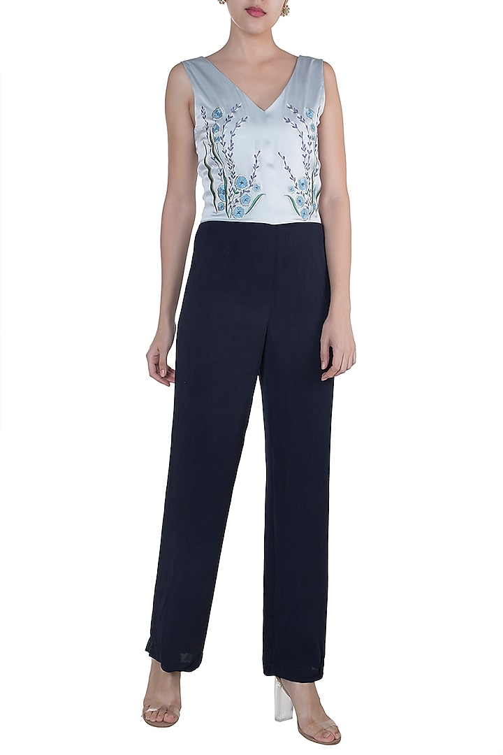 Pearl Blue Embroidered Jumpsuit by Tara and I at Pernia's Pop Up Shop