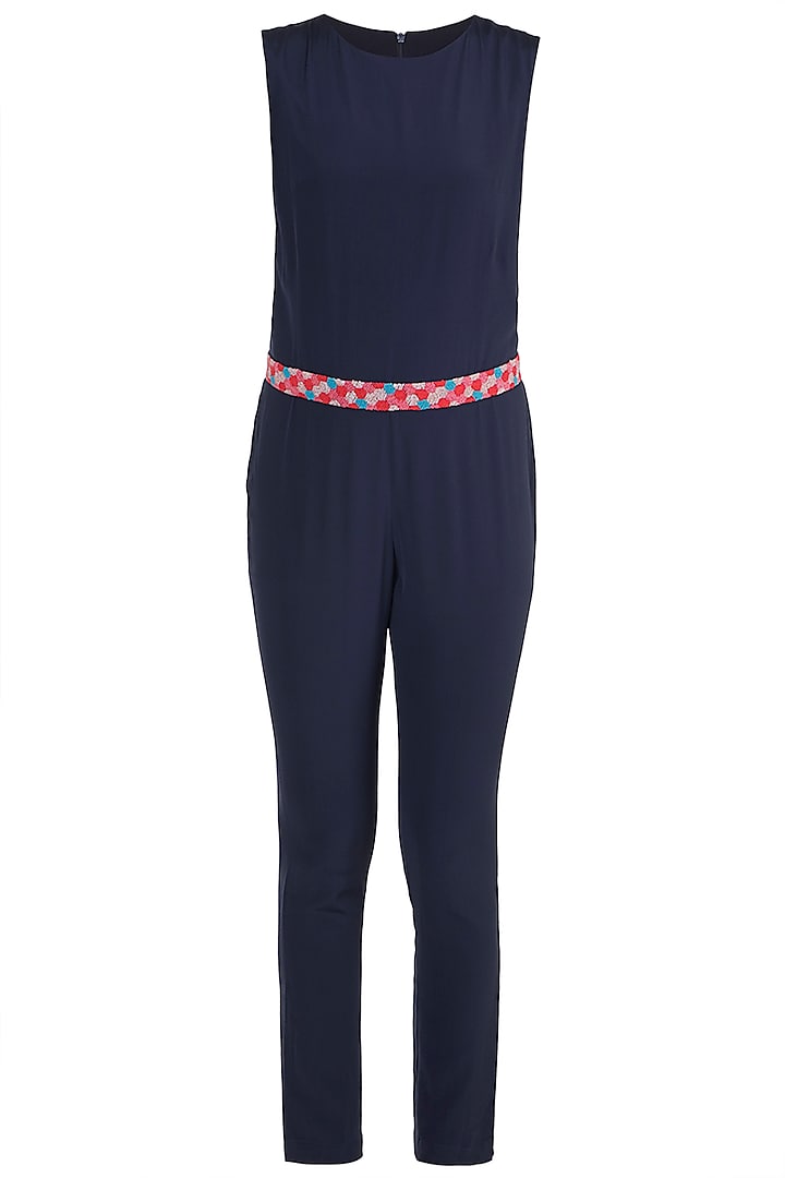 Navy Blue Jumpsuit With Embroidered Belt by Tara and I