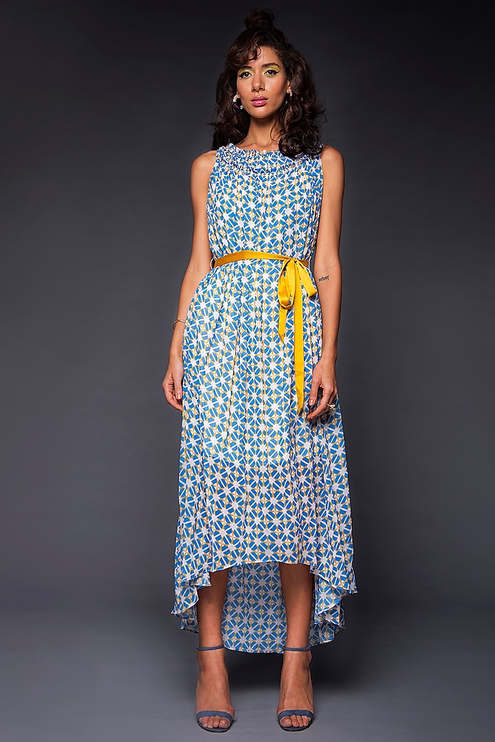 Powder Blue Printed Dress With Yellow Belt by Tara and I