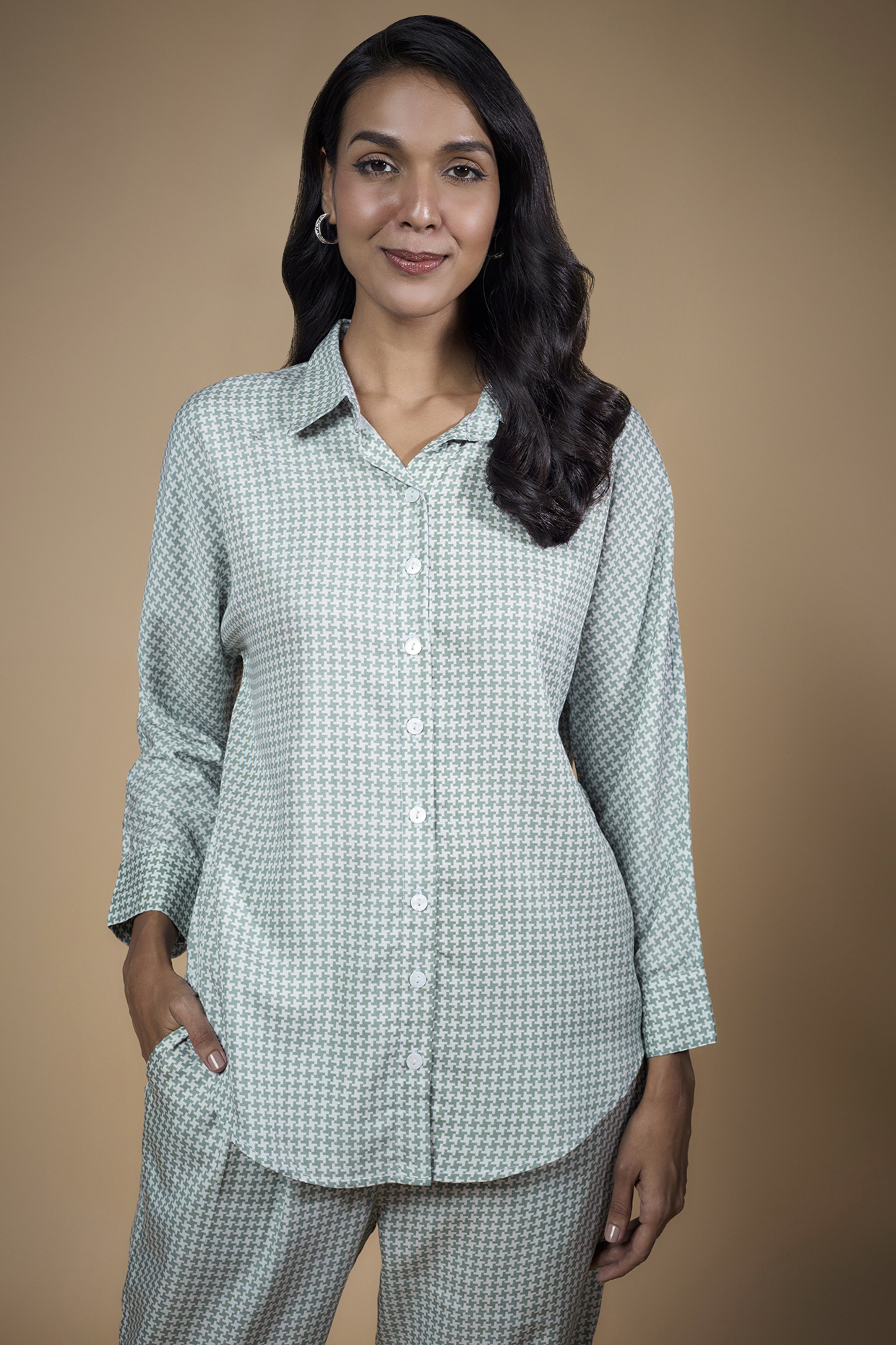 Green Modal Twill Printed Shirt by Tara and I