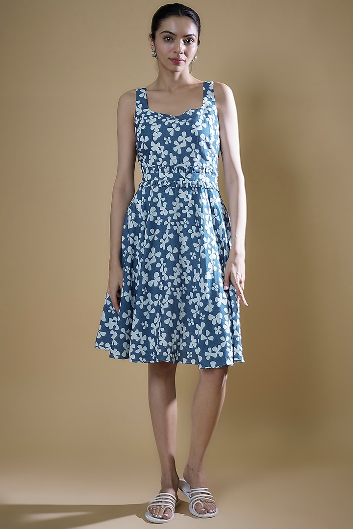 Blue Tencel Linen Printed Flared Summer Dress by Tara and I at Pernia's Pop Up Shop