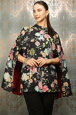 Black Raw Silk Printed & Mirror Work Cape by Tanu Malhotra