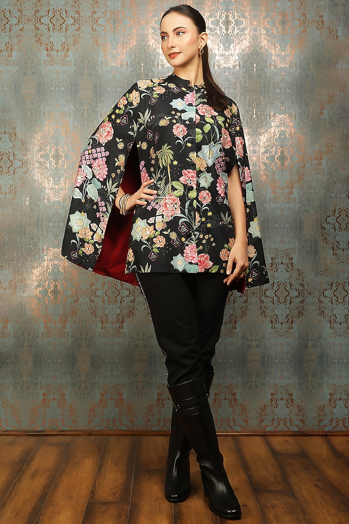 Black Raw Silk Printed & Mirror Work Cape by Tanu Malhotra at Pernia's Pop Up Shop