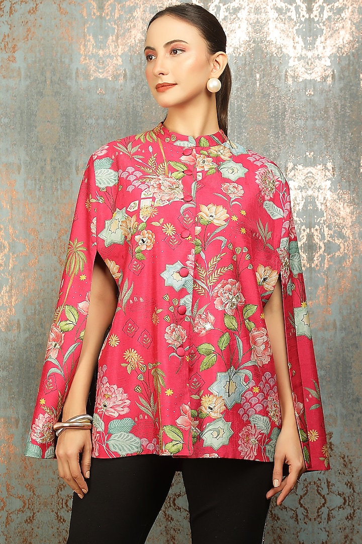 Hot Pink Raw Silk Printed & Mirror Work Cape by Tanu Malhotra at Pernia's Pop Up Shop